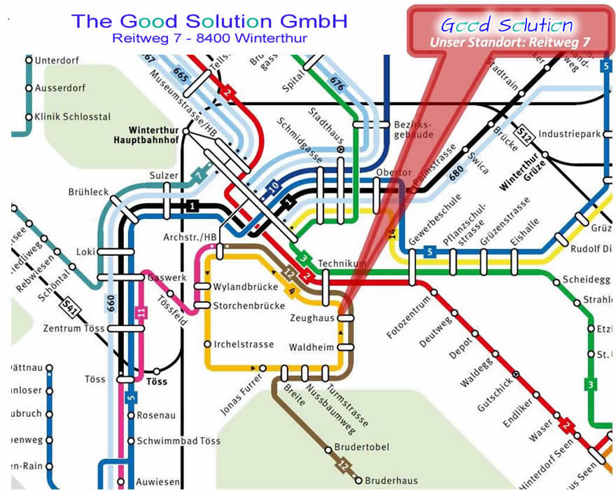 ÖV - die Busslinien zur The Good Solution GmbH am Reitweg 7 - 8400 Winterthur: Beratung, Coaching, Teamcoaching, Mental Sparring, Mentoring, Seminare & Workshops